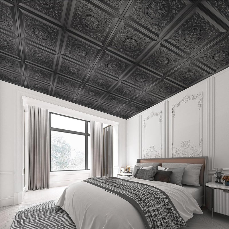 WOWSTAR 12-Pack 24"x24" Drop Ceiling Tiles, Waterproof Glue Up Vintage Style 3D Ceiling Tiles, Black - Image 3